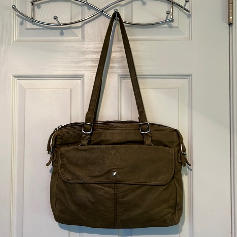 Used, olive, leather crew bag.